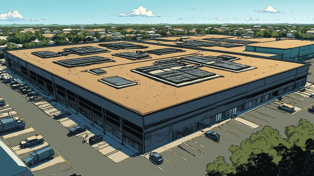 A commercial roof on a distribution center in a location similar to Key West with a comic book style aesthetic (AI image)
