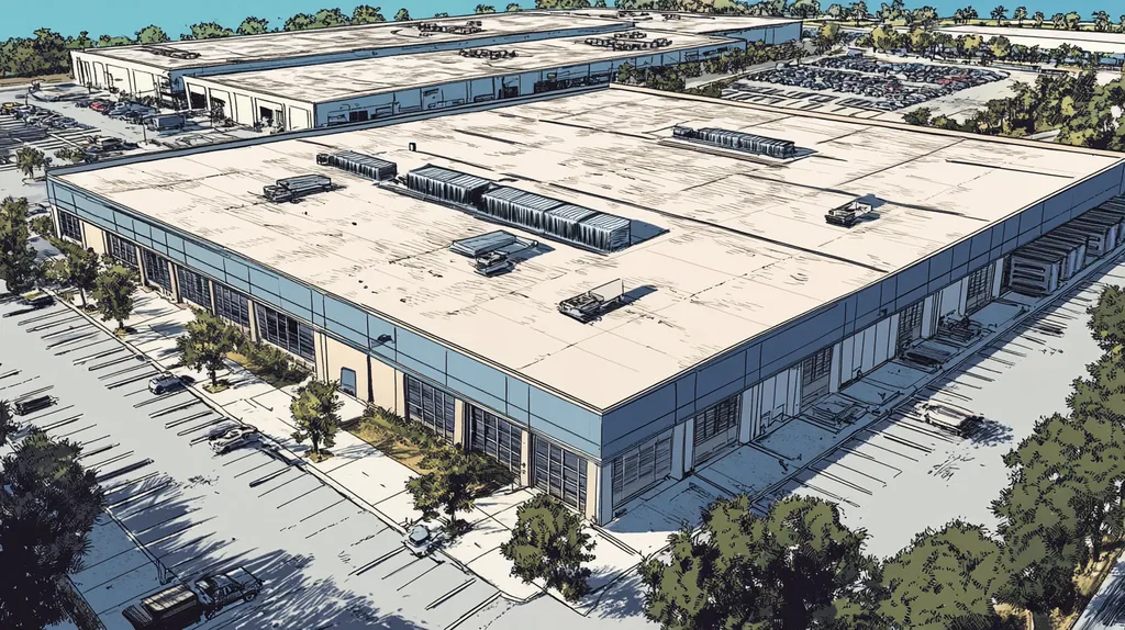 A commercial roof on a distribution center in a location similar to Key West with a comic book style aesthetic (AI image)