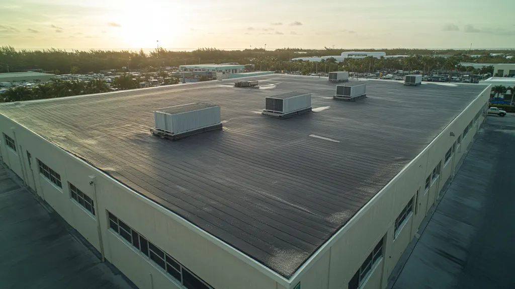 A commercial roof on a distribution center in a location similar to Key West with a snowy day aesthetic (AI image)