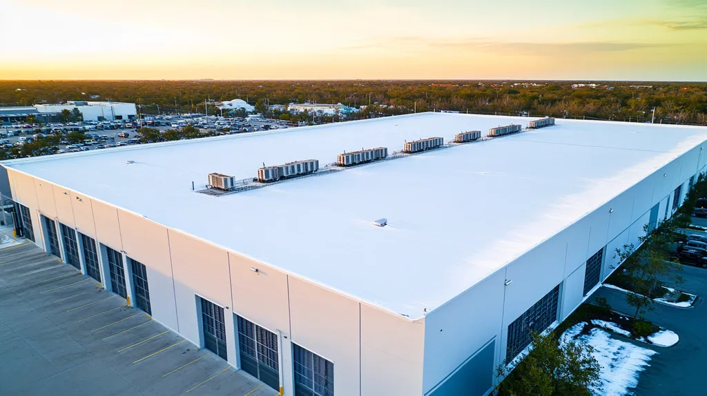 A commercial roof on a distribution center in a location similar to Key West with a snowy day aesthetic (AI image)