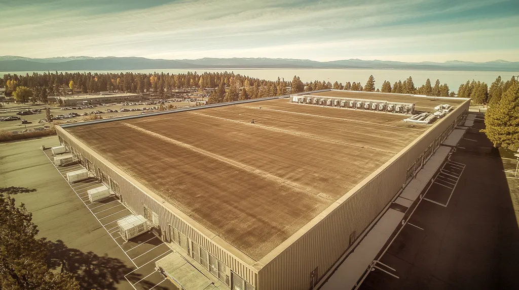 A commercial roof on a distribution center in a location similar to Lake Tahoe with a tintype aesthetic (AI image)