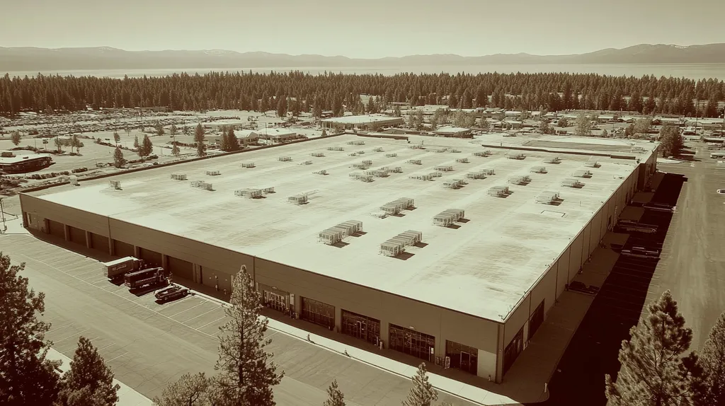 A commercial roof on a distribution center in a location similar to Lake Tahoe with a tintype aesthetic (AI image)