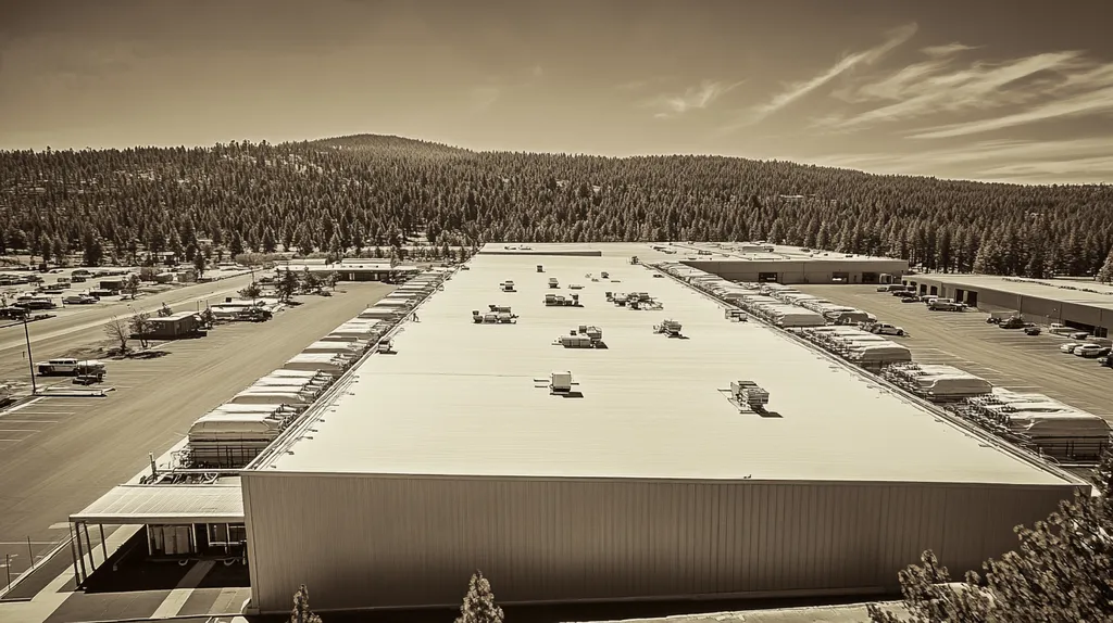 A commercial roof on a distribution center in a location similar to Lake Tahoe with a tintype aesthetic (AI image)
