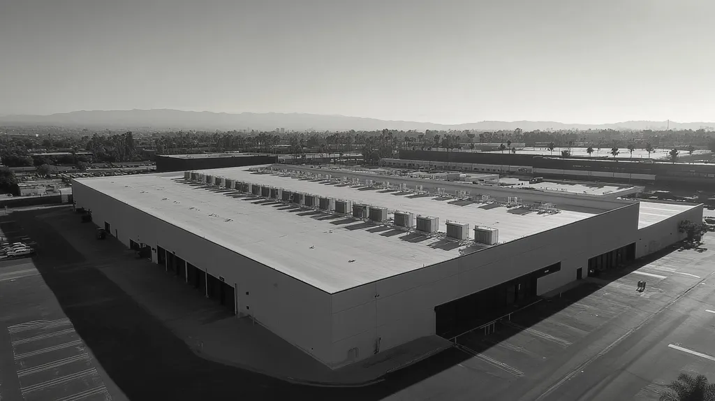 A commercial roof on a distribution center in a location similar to Los Angeles with a black and white photography aesthetic (AI image)