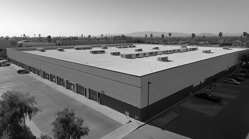 A commercial roof on a distribution center in a location similar to Los Angeles with a black and white photography aesthetic (AI image)