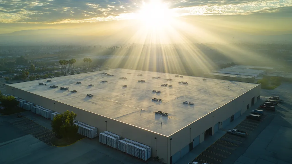 A commercial roof on a distribution center in a location similar to Los Angeles with a light beams aesthetic (AI image)