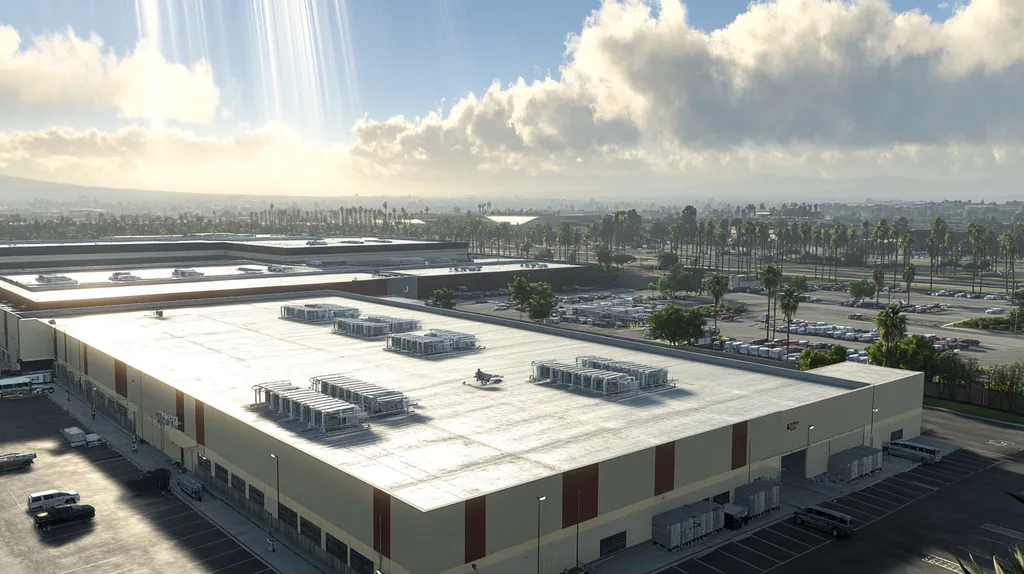 A commercial roof on a distribution center in a location similar to Los Angeles with a light beams aesthetic (AI image)