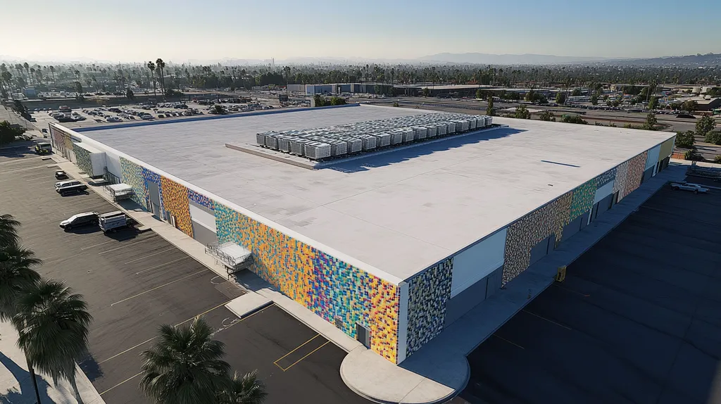 A commercial roof on a distribution center in a location similar to Los Angeles with a mosaic tile art aesthetic (AI image)