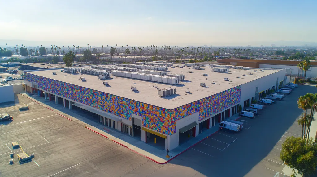 A commercial roof on a distribution center in a location similar to Los Angeles with a mosaic tile art aesthetic (AI image)