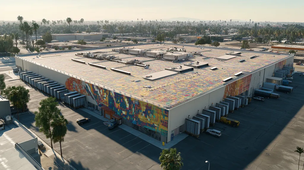 A commercial roof on a distribution center in a location similar to Los Angeles with a mosaic tile art aesthetic (AI image)