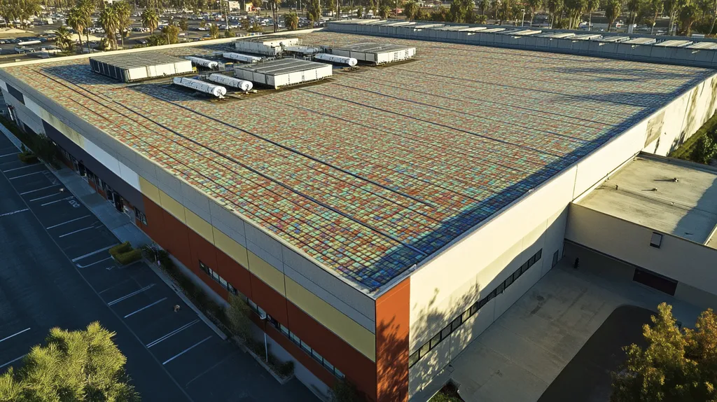 A commercial roof on a distribution center in a location similar to Los Angeles with a mosaic tile art aesthetic (AI image)