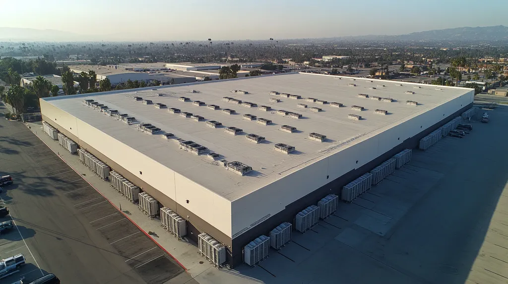 A commercial roof on a distribution center in a location similar to Los Angeles with an urban context aesthetic (AI image)