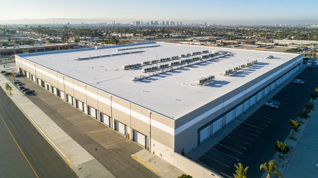 A commercial roof on a distribution center in a location similar to Los Angeles with an urban context aesthetic (AI image)