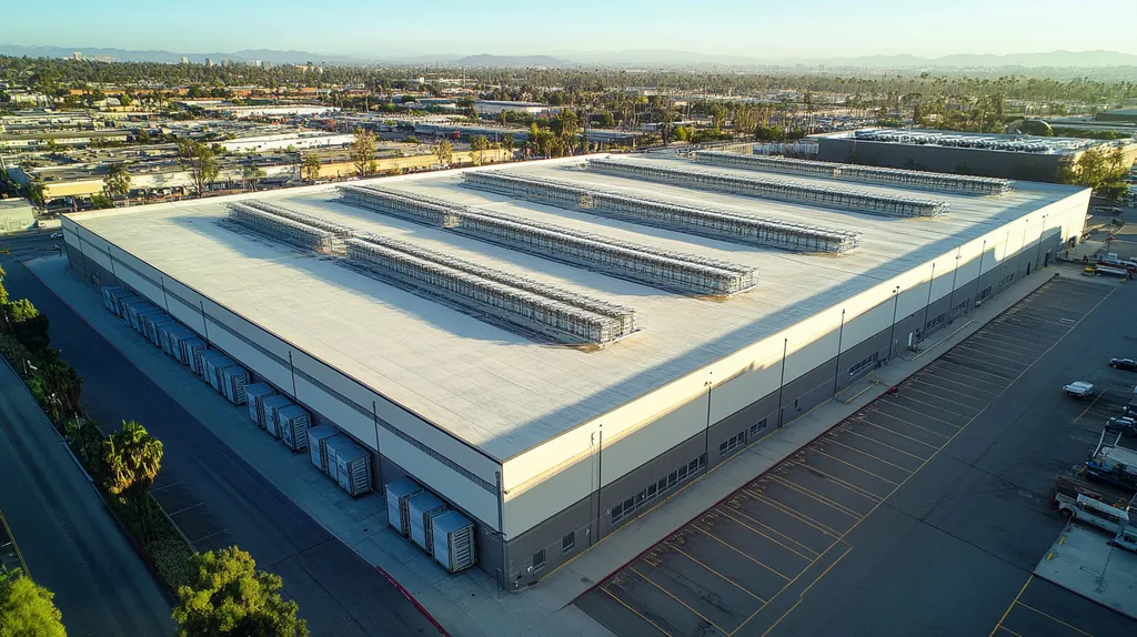 A commercial roof on a distribution center in a location similar to Los Angeles with an urban context aesthetic (AI image)