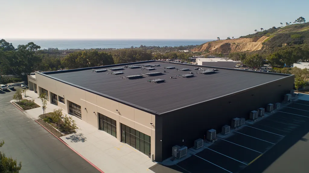 A commercial roof on a distribution center in a location similar to Malibu with a color highlight aesthetic (AI image)
