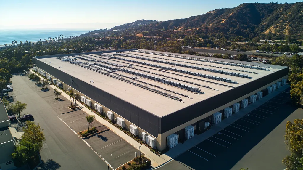 A commercial roof on a distribution center in a location similar to Malibu with a color highlight aesthetic (AI image)