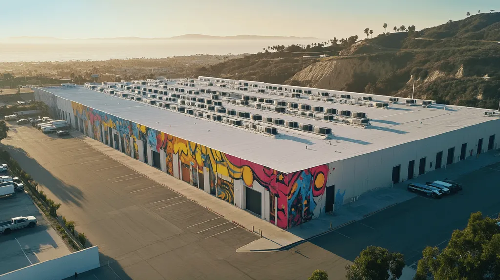 A commercial roof on a distribution center in a location similar to Malibu with a graffiti mural aesthetic (AI image)