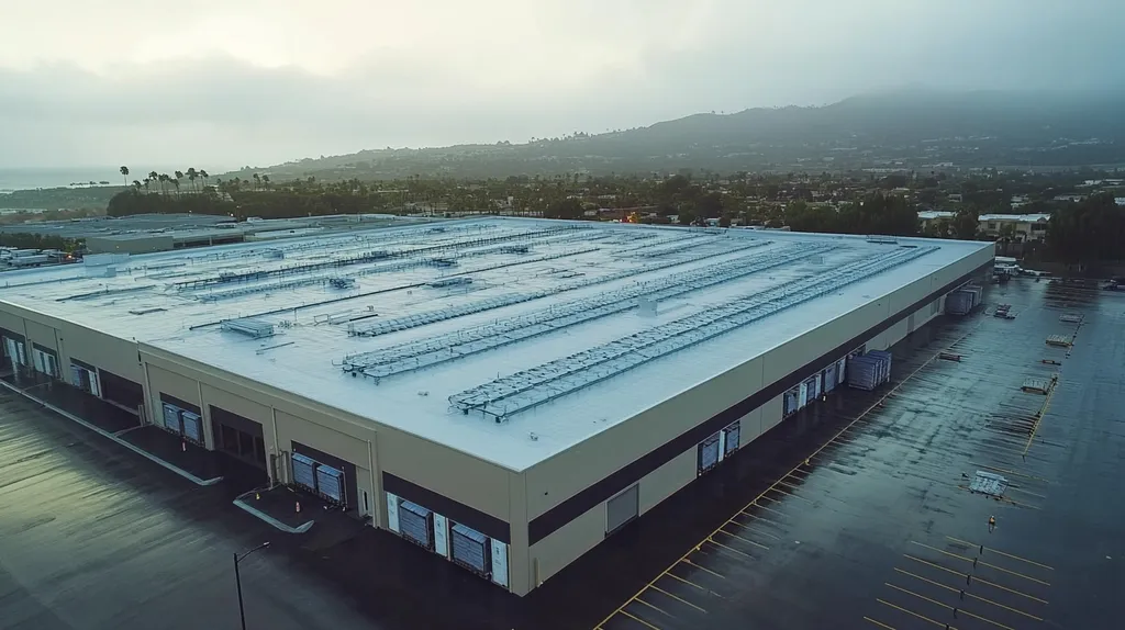 A commercial roof on a distribution center in a location similar to Malibu with a rainy day aesthetic (AI image)