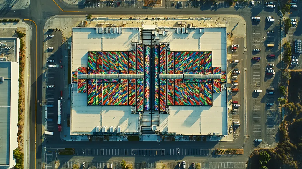 A commercial roof on a distribution center in a location similar to Malibu with a stained glass style aesthetic (AI image)