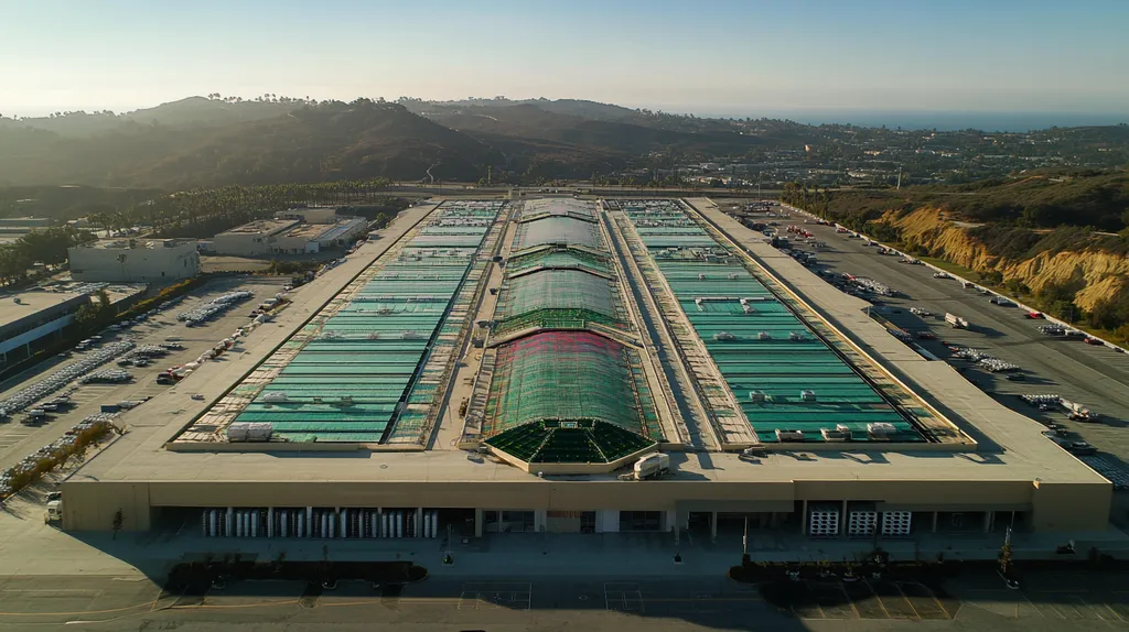 A commercial roof on a distribution center in a location similar to Malibu with a stained glass style aesthetic (AI image)