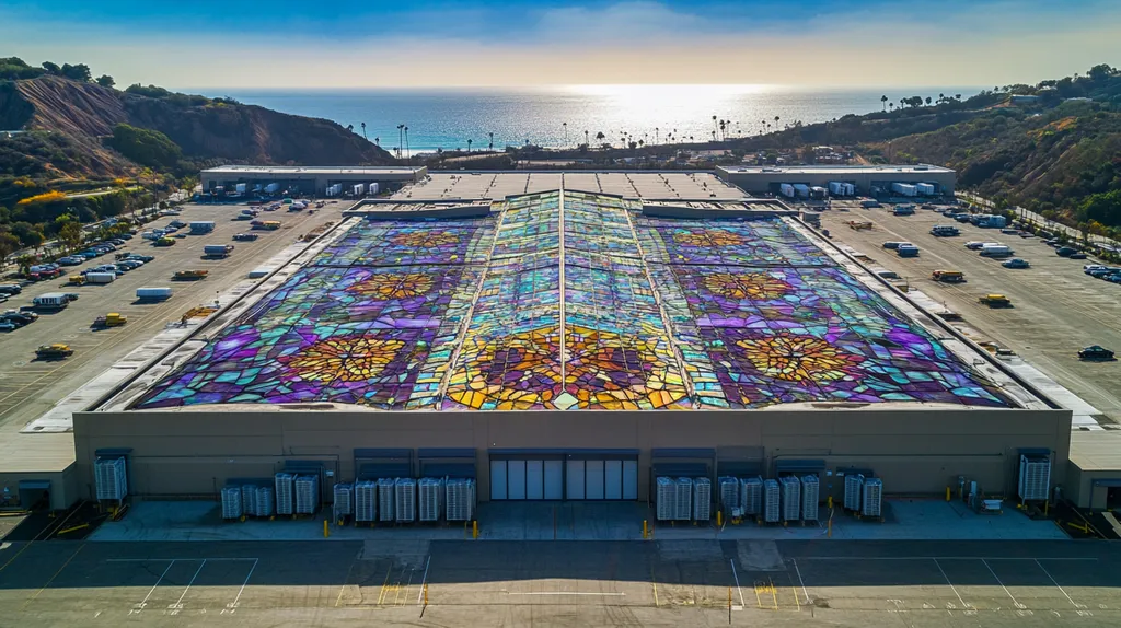 A commercial roof on a distribution center in a location similar to Malibu with a stained glass style aesthetic (AI image)