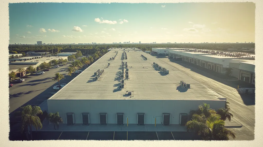 A commercial roof on a distribution center in a location similar to Miami with a Polaroid aesthetic (AI image)
