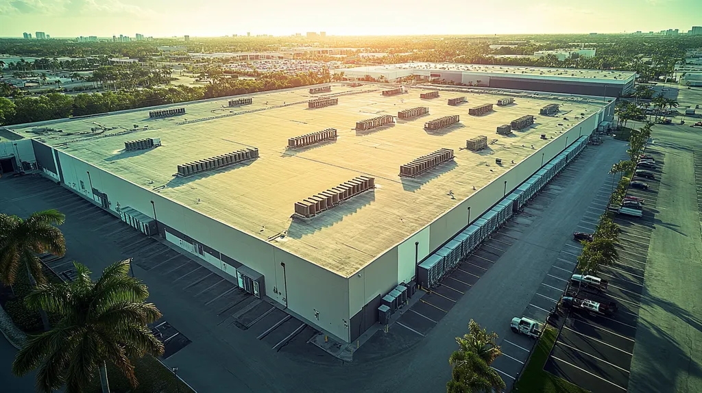 A commercial roof on a distribution center in a location similar to Miami with a Polaroid aesthetic (AI image)