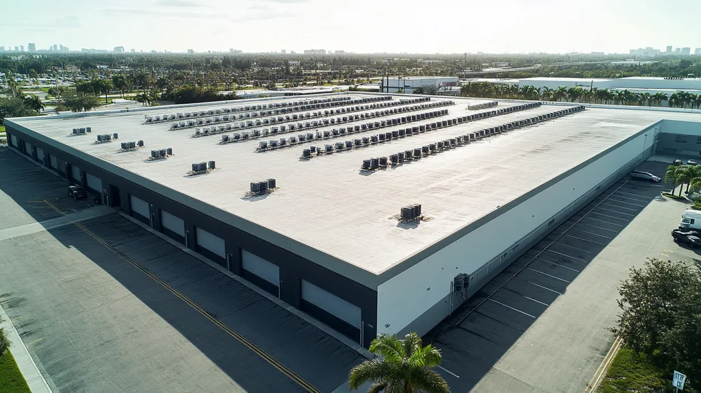 A commercial roof on a distribution center in a location similar to Miami with a rainy day aesthetic (AI image)
