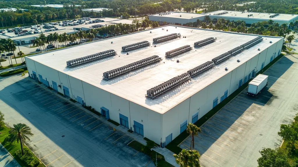 A commercial roof on a distribution center in a location similar to Miami with a rainy day aesthetic (AI image)