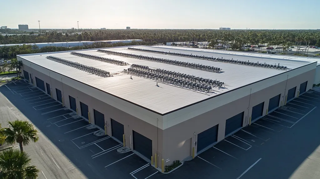 A commercial roof on a distribution center in a location similar to Miami with a rainy day aesthetic (AI image)