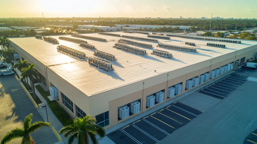 A commercial roof on a distribution center in a location similar to Miami with a rainy day aesthetic (AI image)