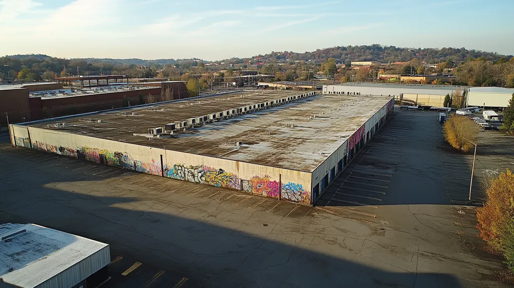 A commercial roof on a distribution center in a location similar to Nashville with a graffiti mural aesthetic (AI image)