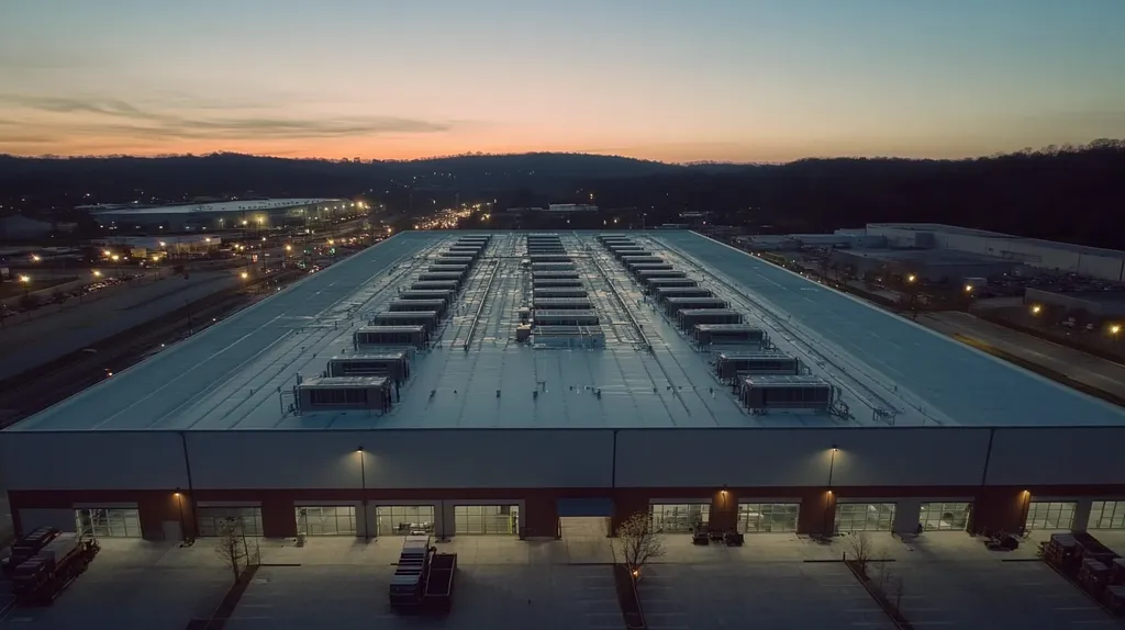 A commercial roof on a distribution center in a location similar to Nashville with an illuminated nightscape aesthetic (AI image)