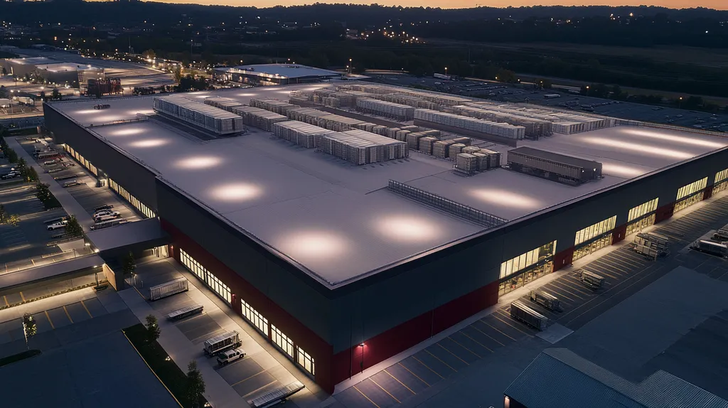 A commercial roof on a distribution center in a location similar to Nashville with an illuminated nightscape aesthetic (AI image)