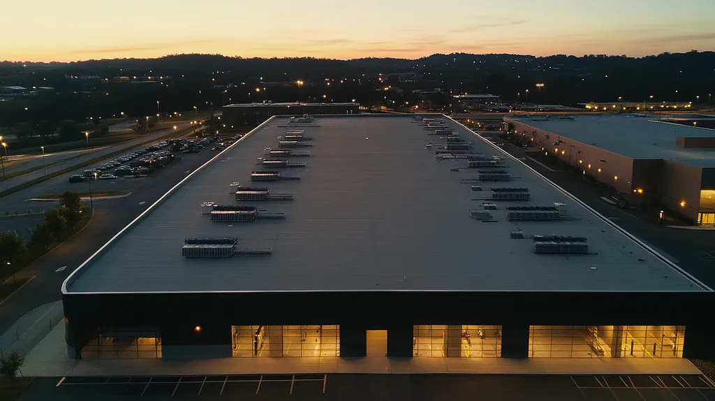 A commercial roof on a distribution center in a location similar to Nashville with an illuminated nightscape aesthetic (AI image)