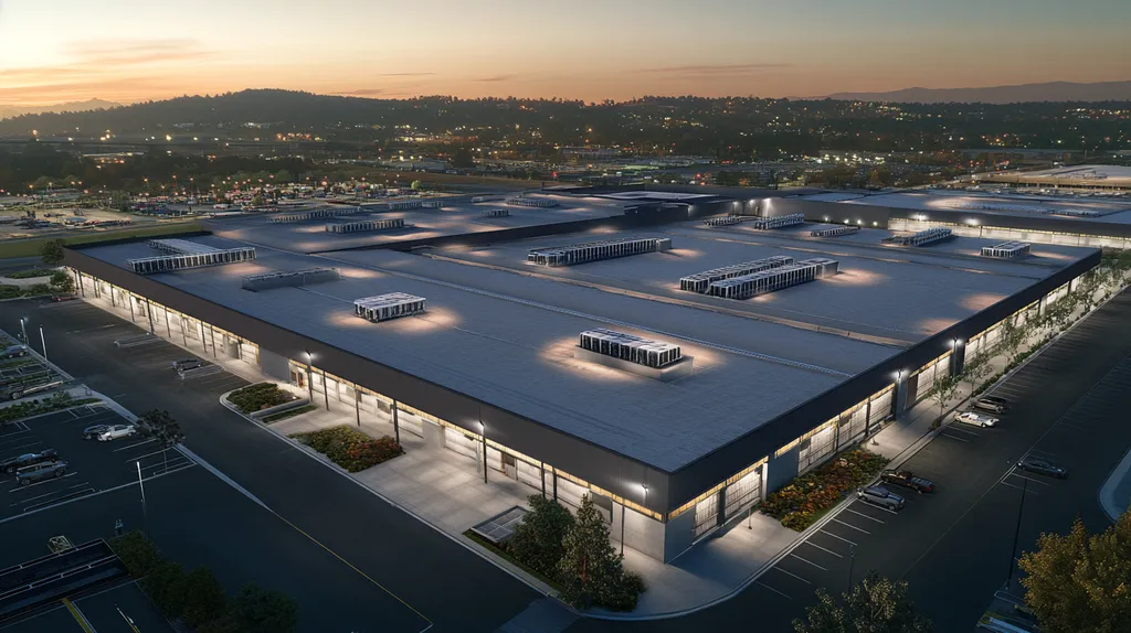 A commercial roof on a distribution center in a location similar to Nashville with an illuminated nightscape aesthetic (AI image)