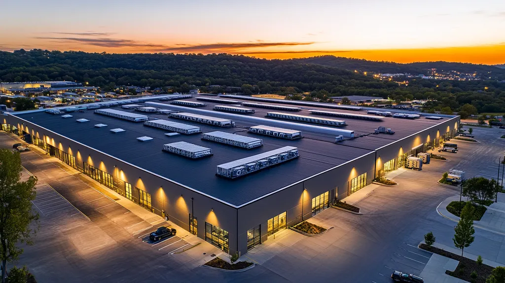 A commercial roof on a distribution center in a location similar to Nashville with an illuminated nightscape aesthetic (AI image)