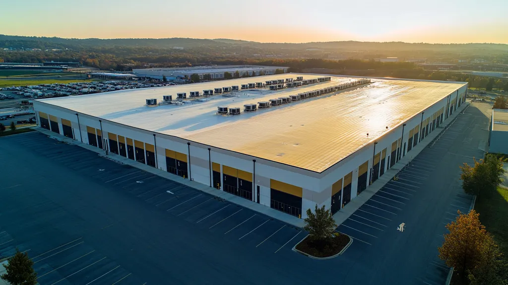 A commercial roof on a distribution center in a location similar to Nashville with a solid gold aesthetic (AI image)
