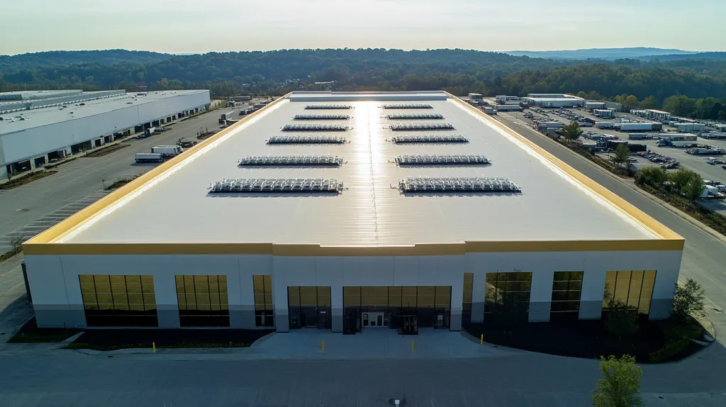 A commercial roof on a distribution center in a location similar to Nashville with a solid gold aesthetic (AI image)