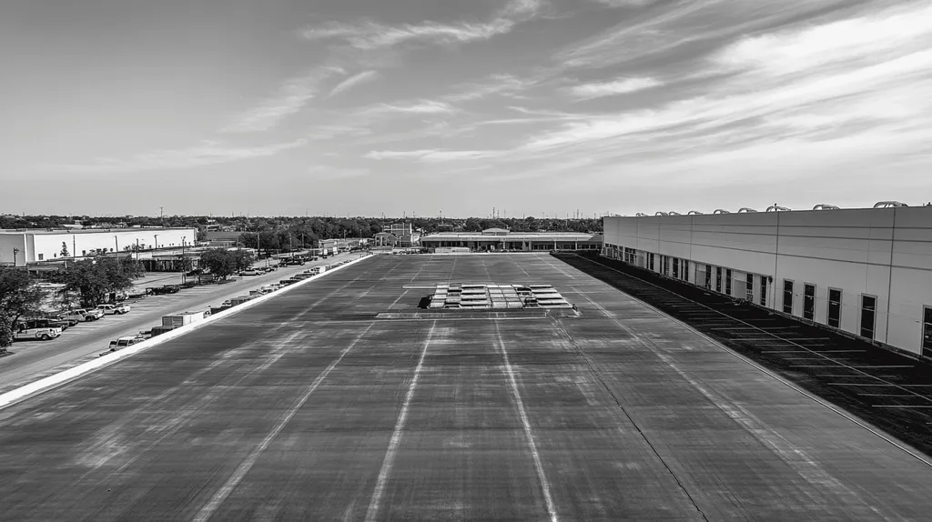 A commercial roof on a distribution center in a location similar to New Orleans with a black and white photography aesthetic (AI image)