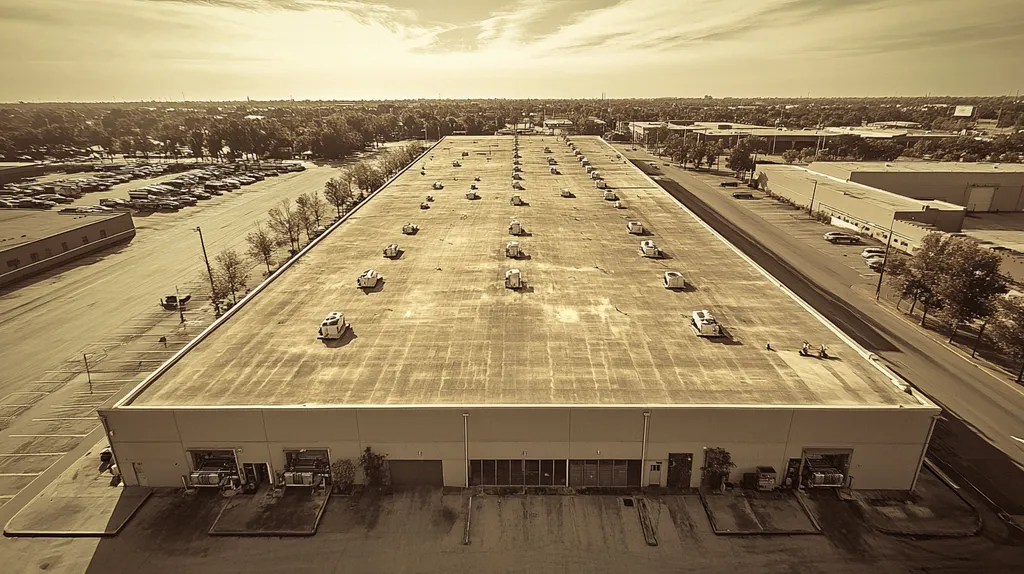 A commercial roof on a distribution center in a location similar to New Orleans with a tintype aesthetic (AI image)
