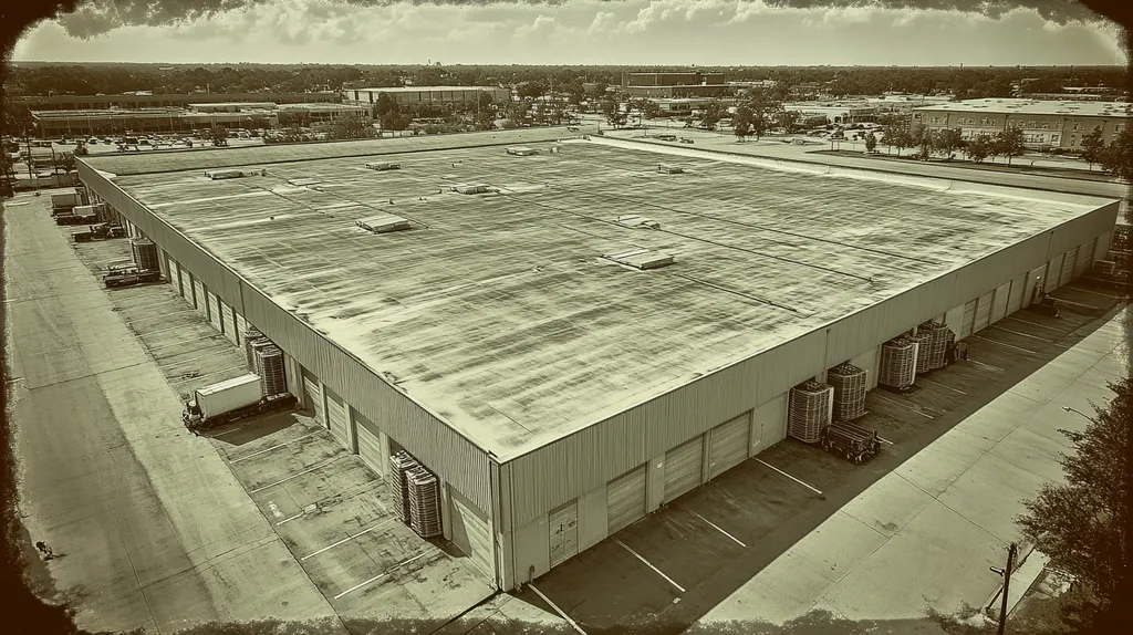 A commercial roof on a distribution center in a location similar to New Orleans with a tintype aesthetic (AI image)