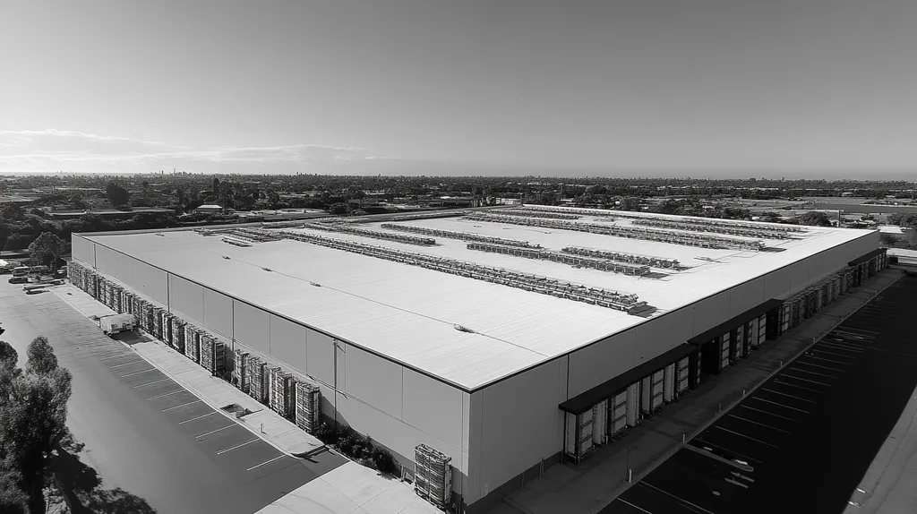 A commercial roof on a distribution center in a location similar to Newport Beach with a black and white photography aesthetic (AI image)