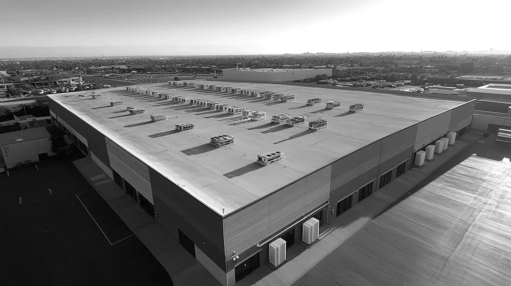 A commercial roof on a distribution center in a location similar to Newport Beach with a black and white photography aesthetic (AI image)