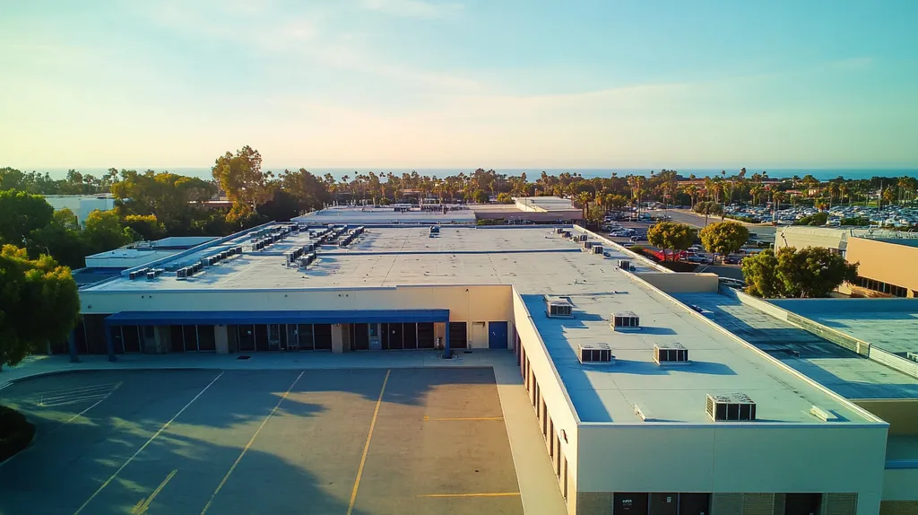 A commercial roof on a distribution center in a location similar to Newport Beach with a cross-processed look aesthetic (AI image)