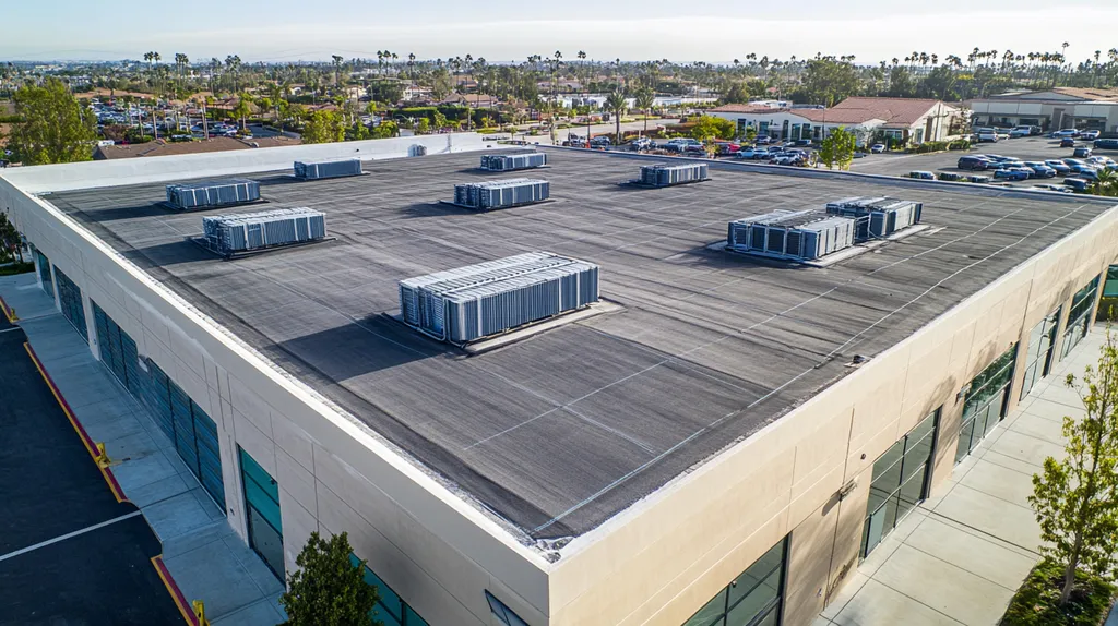 A commercial roof on a distribution center in a location similar to Newport Beach with a cross-processed look aesthetic (AI image)