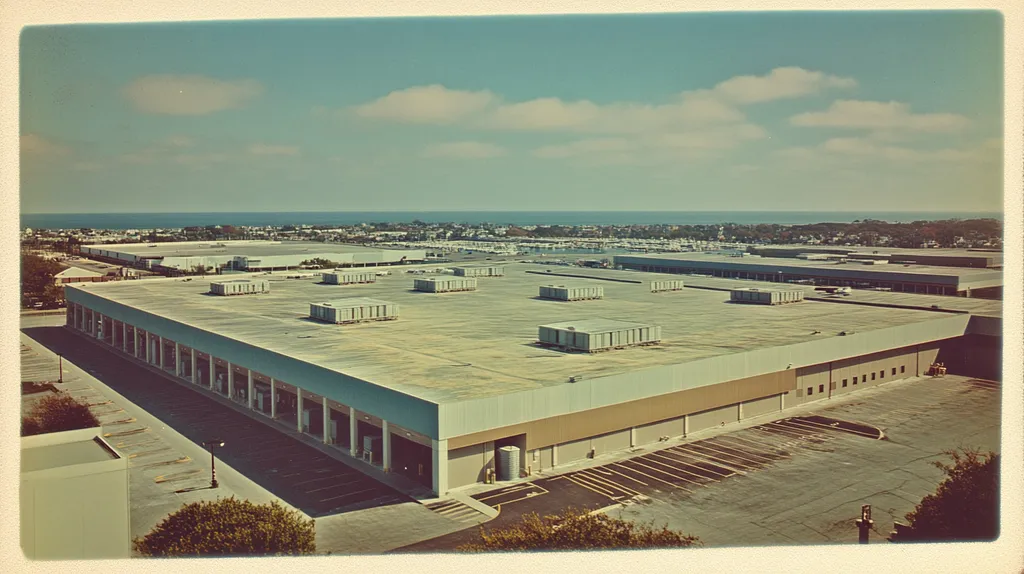 A commercial roof on a distribution center in a location similar to Newport, Rhode Island with a Polaroid aesthetic (AI image)