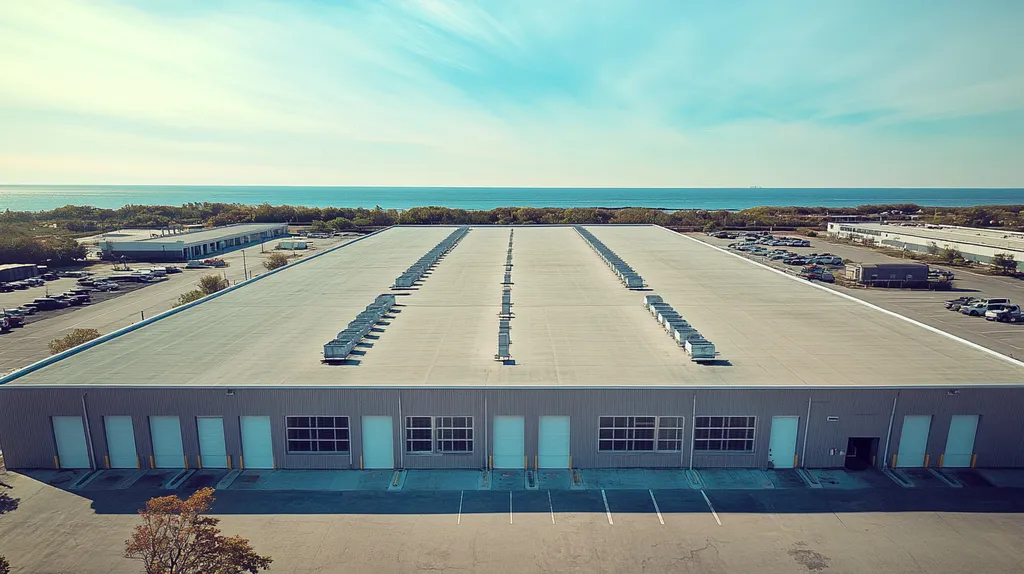 A commercial roof on a distribution center in a location similar to Newport, Rhode Island with a Polaroid aesthetic (AI image)