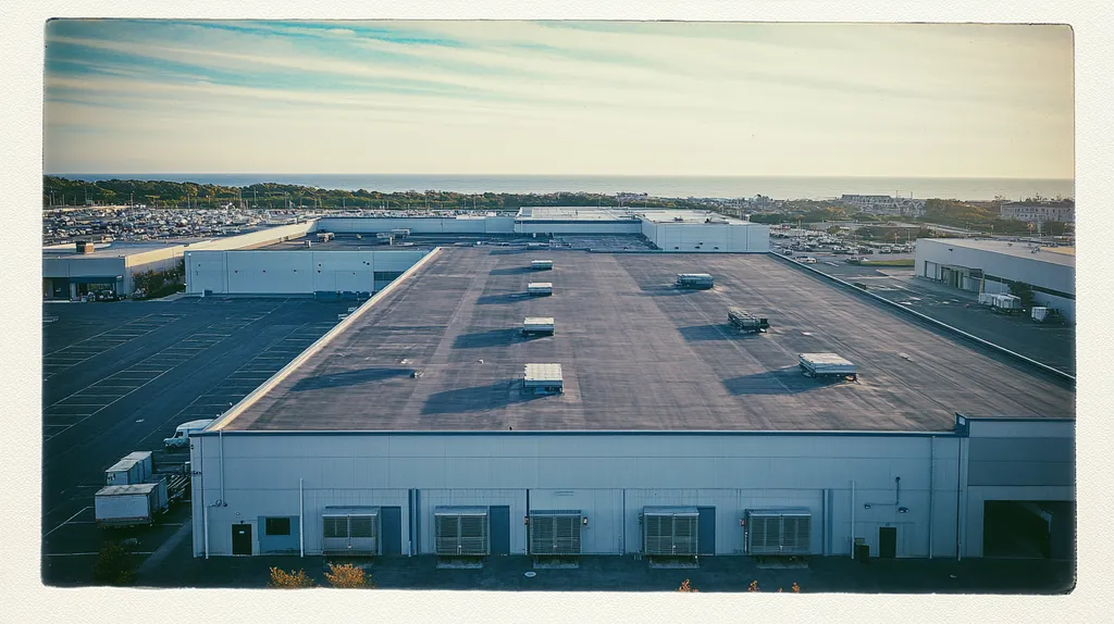 A commercial roof on a distribution center in a location similar to Newport, Rhode Island with a Polaroid aesthetic (AI image)