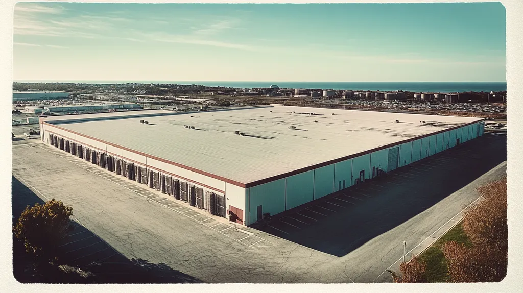 A commercial roof on a distribution center in a location similar to Newport, Rhode Island with a Polaroid aesthetic (AI image)